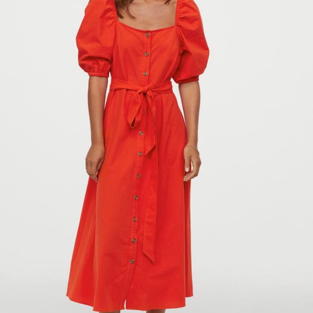 red puff sleeve button down midi dress